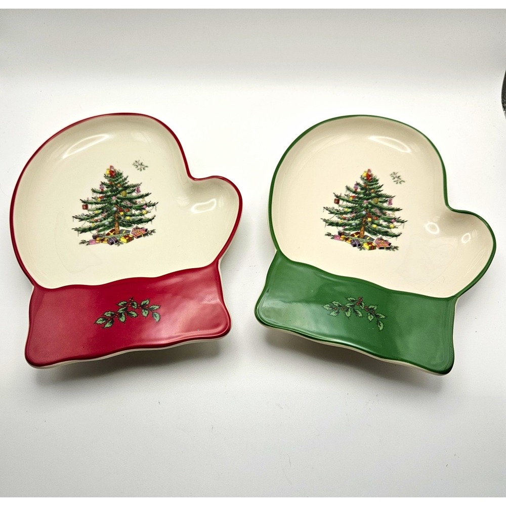 Spode Christmas Tree Mitten Snack Plates Set of 2 Ceramic MW/DS/FS China